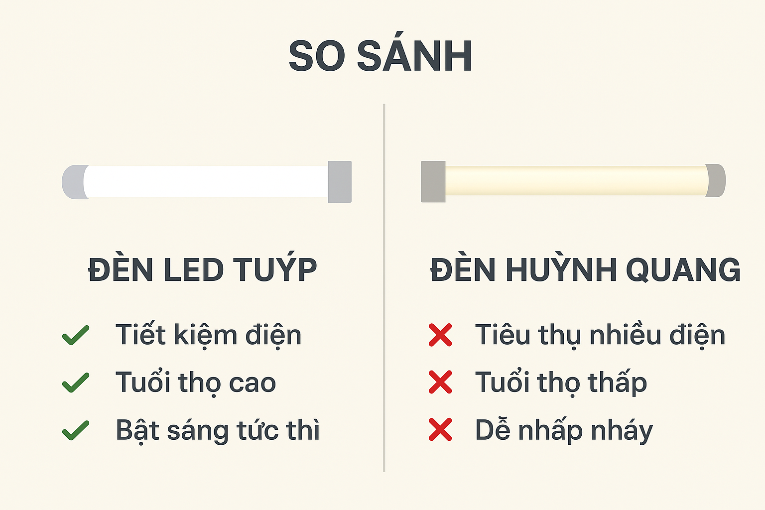 So sánh đèn LED tuýp và đèn huỳnh quang
